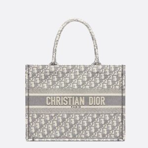 CHRISTIAN DIOR MEDIUM BOOK TOTE ECRU WHITE AND GRAY OBLIQUE EMBROIDED W/ COA